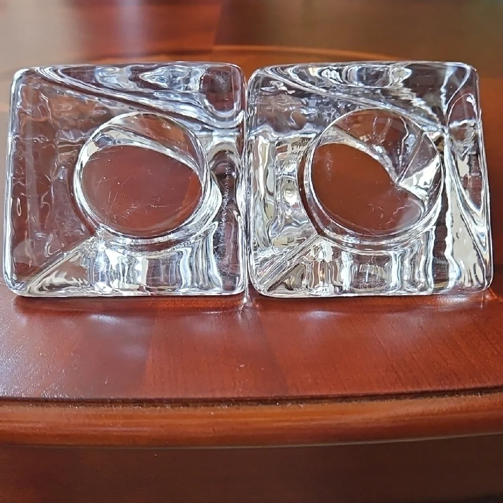 Vintage Nybro Sweden Crystal Pyramid Candle Holders Votive Pair MCM Art Glass